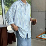 Riolio New Japanese Vintage Men Striped Shirts Luxury Casual Trendy Long Sleeve Cardigan Tops Fashion Leisure Macaron Sunscreen Blouse