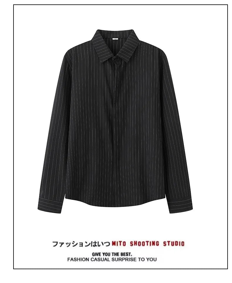 Riolio  New Naples Business Men Shirts Light Luxury Textured Lapel Striped Long Sleeve Cardigan Leisure Premium Commuter Blouse S-4XL