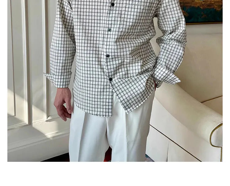 Riolio  New American Retro Men Shirts Light Luxury Textured Lapel Plaid Long Sleeve Cardigan Leisure Trendy Premium Check Blouse M-2XL