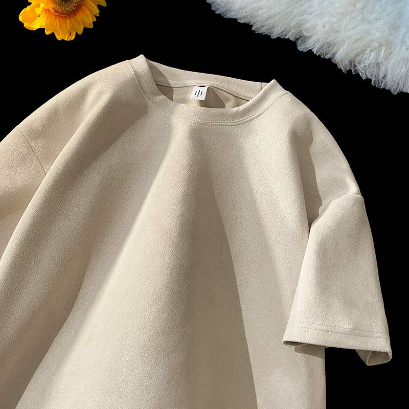 Riolio Summer Short Sleeve T-shirt Men Fashion Retro Suede T Shirt Men Streetwear Hip Hop Loose Round Neck Solid Color Tshirt Mens Top