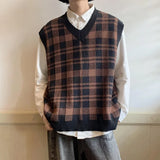 Riolio Sweater Vest Men Streetwear Designer Plaid All-match Casual Handsome Knitting Japanese Stylish Retro Baggy Students Unisex Chic