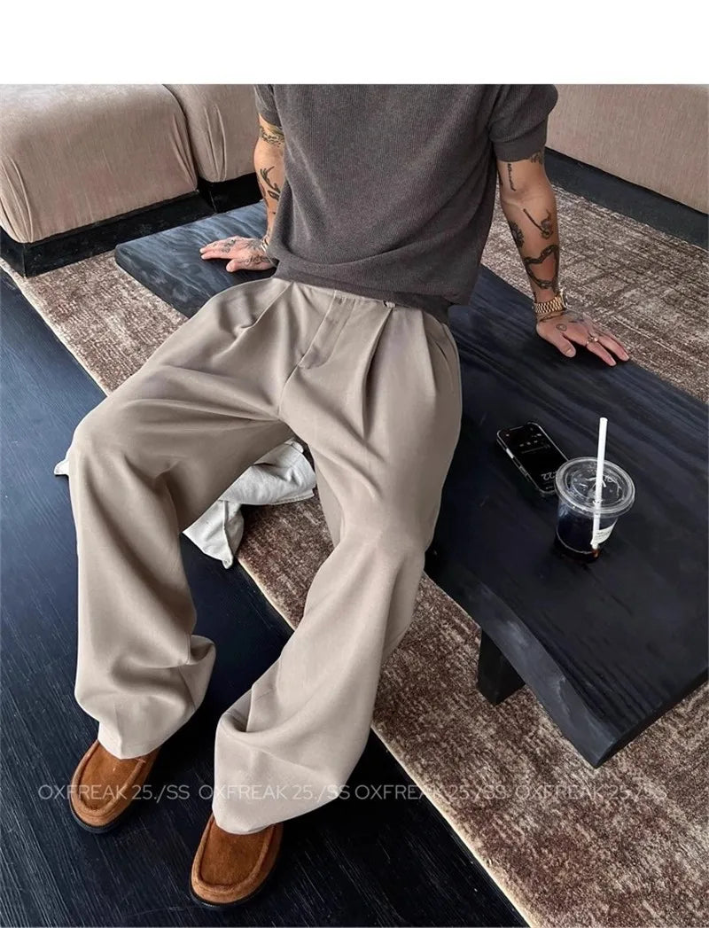 Riolio New Retro Fashion Men Suit Pants Light Luxury Draped Baggy Belt Button-down Solid Color Straight Trousers Elegant Dress Pants