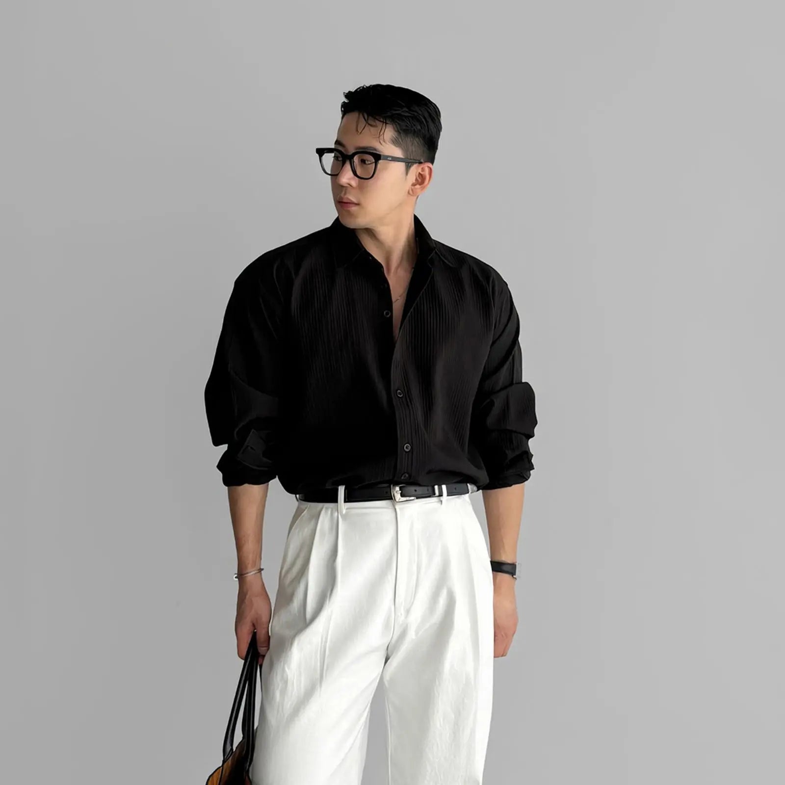 Riolio Lapel Pit Stripe Texture Long Sleeve Shirt Men's Casual Business Shirt High-end Drapery Light Versatile Top Male Blouse