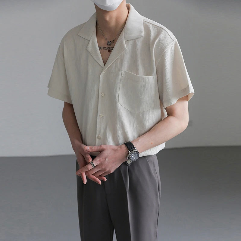 Riolio Summer Men's Clothing Light Luxury Suit Neck Shirt Korean Striped Short Sleeve Button-down Retro Fashion Streetwear Leisure