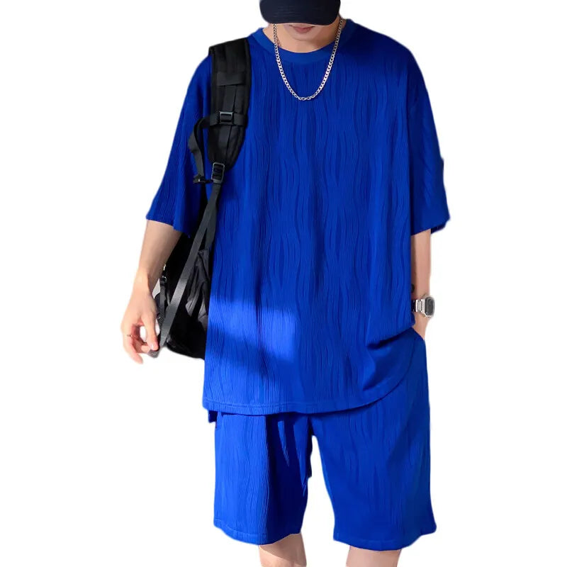 Riolio Summer Set Men Fashion Casual Shorts Short Sleeved T-shirt Sets Men Streetwear Hip-hop Loose Ice Silk Set Mens Pleated Set