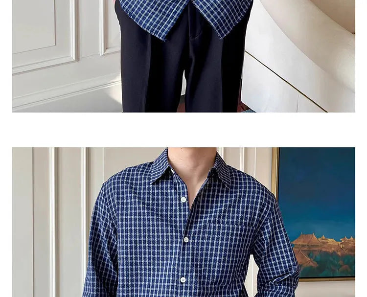 Riolio  New American Retro Men Shirts Light Luxury Textured Lapel Plaid Long Sleeve Cardigan Leisure Trendy Premium Check Blouse M-2XL