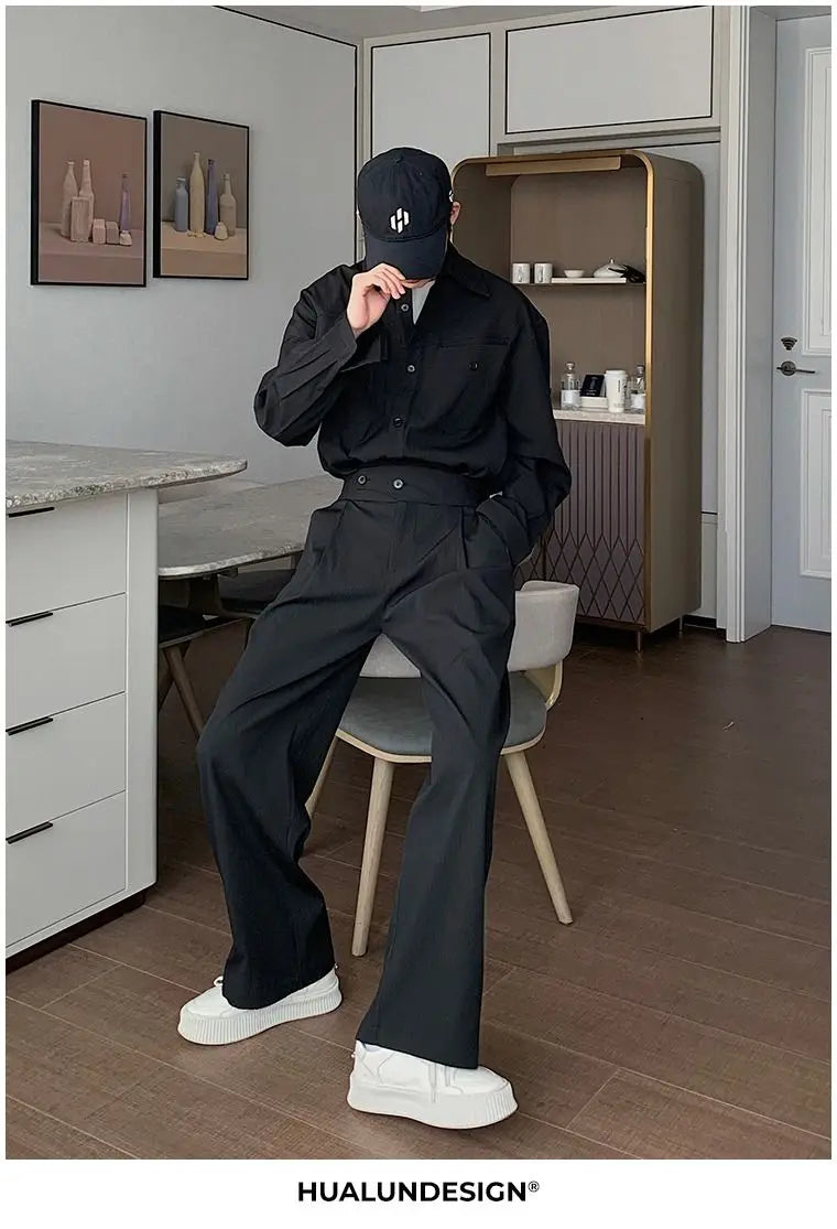 Riolio Men's Shirt Pants Set High-end Shirt Suit Trendy Spring Handsome Long-sleeved Top Loose Straight Trousers Two-piece Set