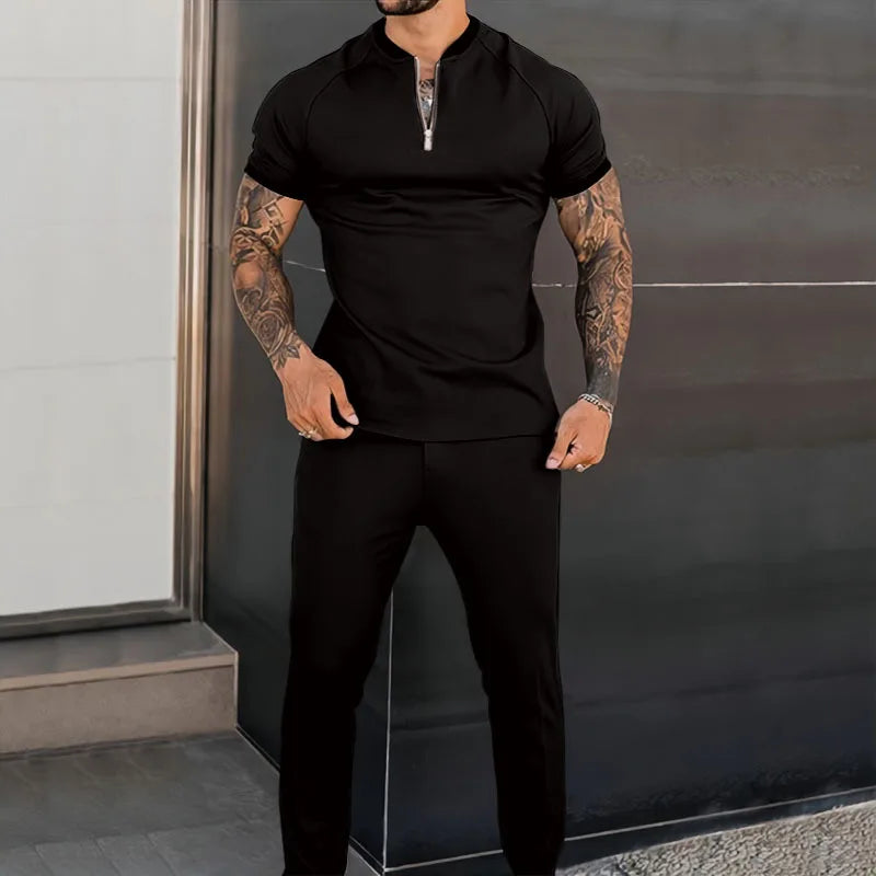 Riolio Summer Popular Men's Short-sleeved Trousers Suit Slim and Trendy Youth Casual Sports Suit