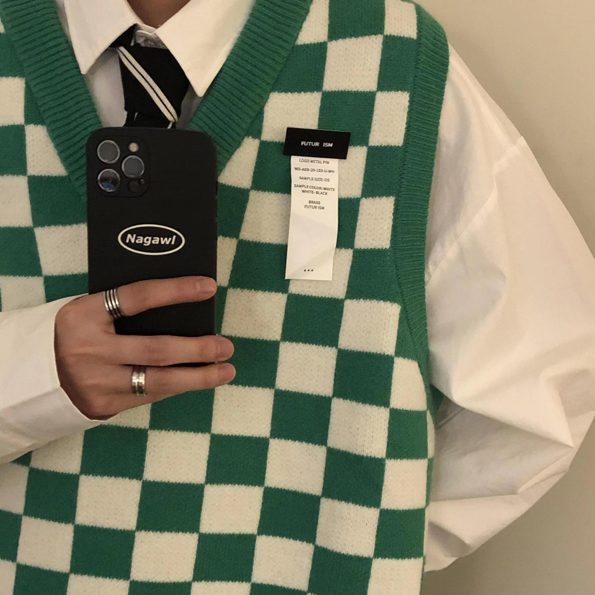 Riolio Men Knitted V Neck Japanese Vintage Loose Sleeveless Plaid Vests Chic Pullovers Chaleco Hombre Blue Checkerboard Sweater Vest