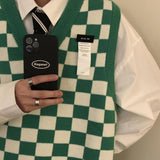 Riolio Men Knitted V Neck Japanese Vintage Loose Sleeveless Plaid Vests Chic Pullovers Chaleco Hombre Blue Checkerboard Sweater Vest