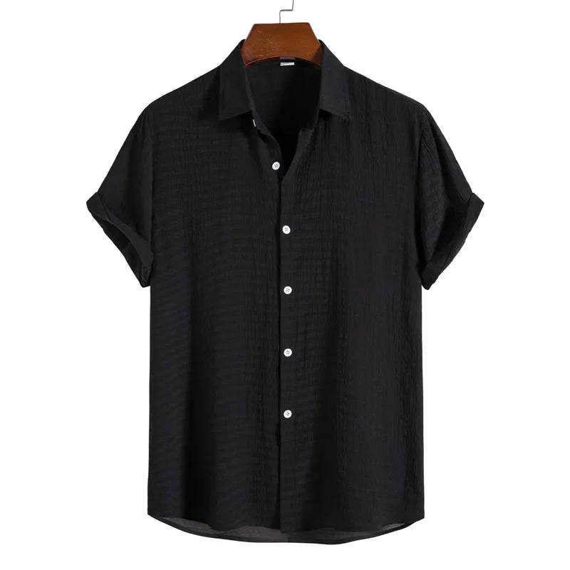 Riolio Shirts for Men Cotton And Linen Textured Short Sleeves Shirt Asymmetric Hem Streetwear Summer Solid Blouse Tops