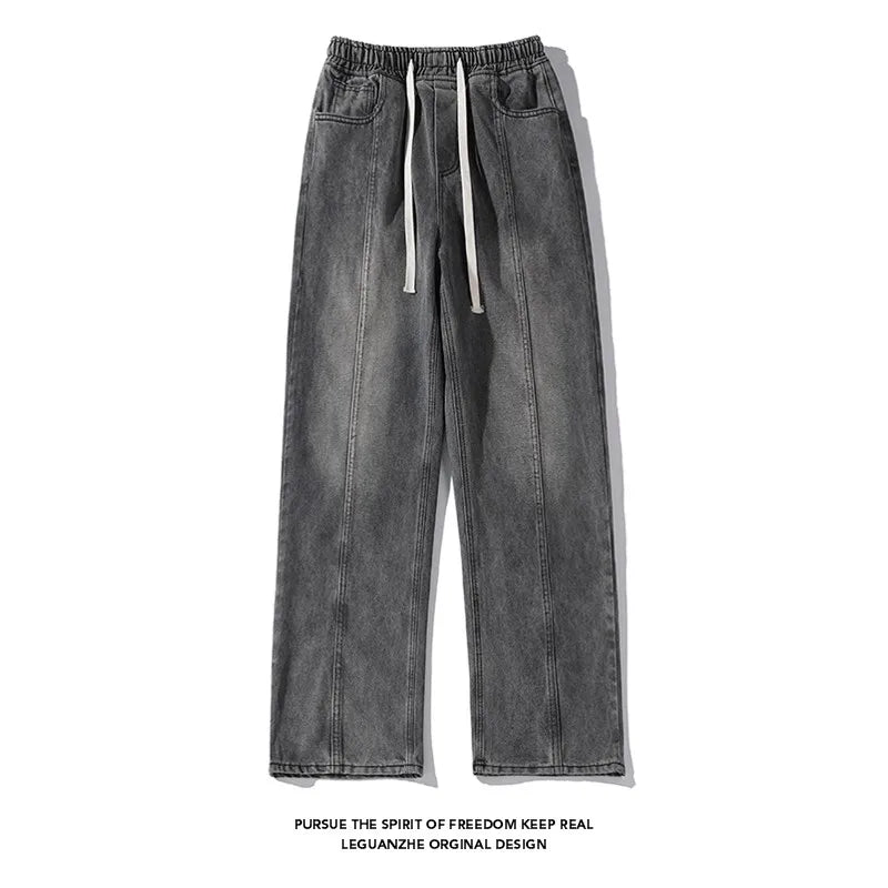 Riolio Jeans men Elastic waist Streetwear Fashion Jeans Black Spring New Men Women Wide Leg Straight Denim Trousers Plus Size 5XL-M
