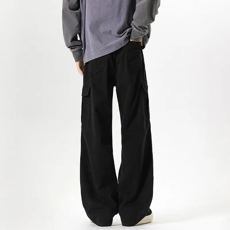 Riolio Mens Workwear Cargo Jeans Straight Loose Fit Patchwork Design Denim Pants Casual Outdoor Streetwear Tactical Utility Clothing