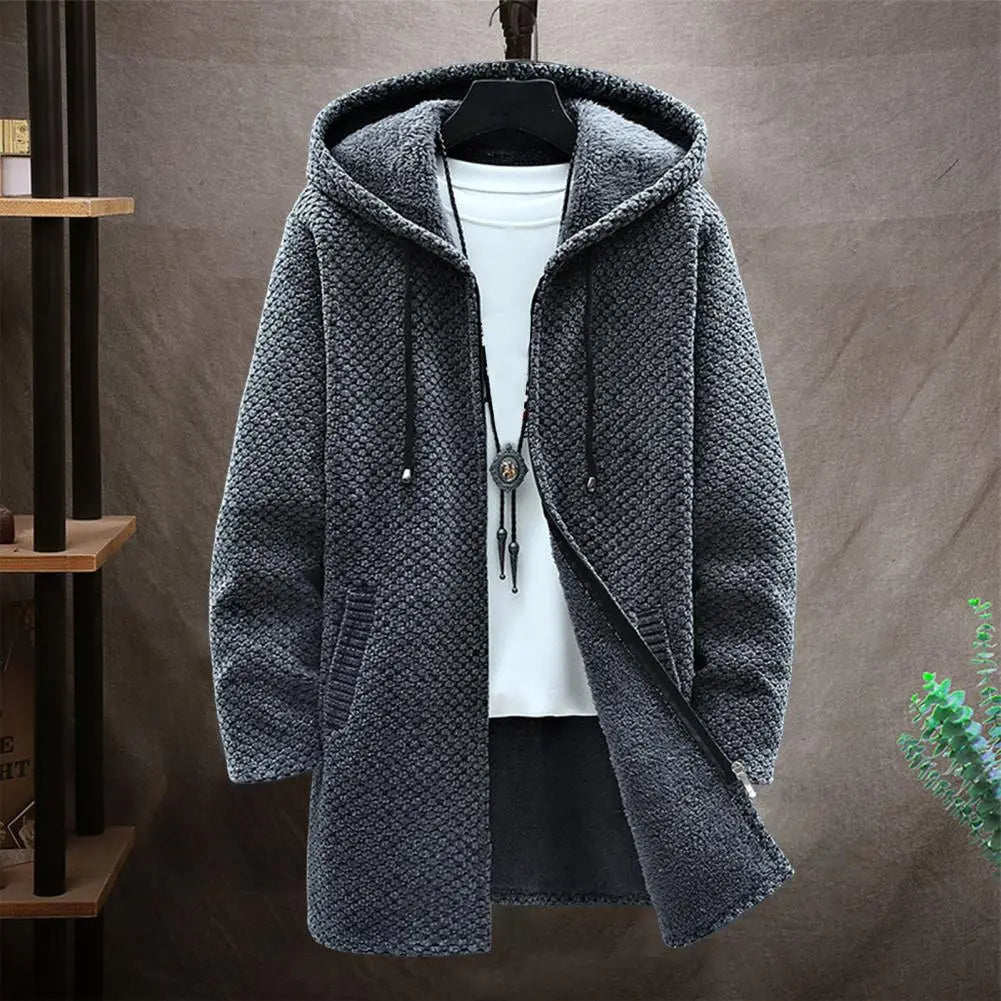 Riolio Autumn Winter Men Hooded Sweater Thicken Long Sleeve Drawstring Plush Lining Mid-Length Knitting Jacket Male Coat Streetwear