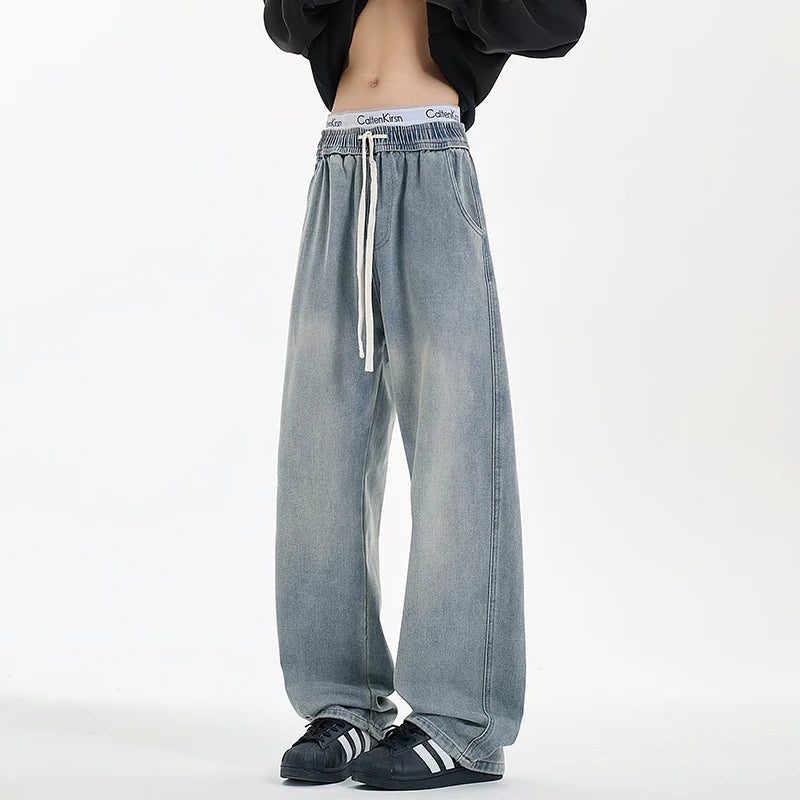 Riolio New Men's Jeans Washed Jeans Pants Unisex Drawstring Denim Pants Male Streetwear Korean Straight cylinder loose Cowboy Trousers