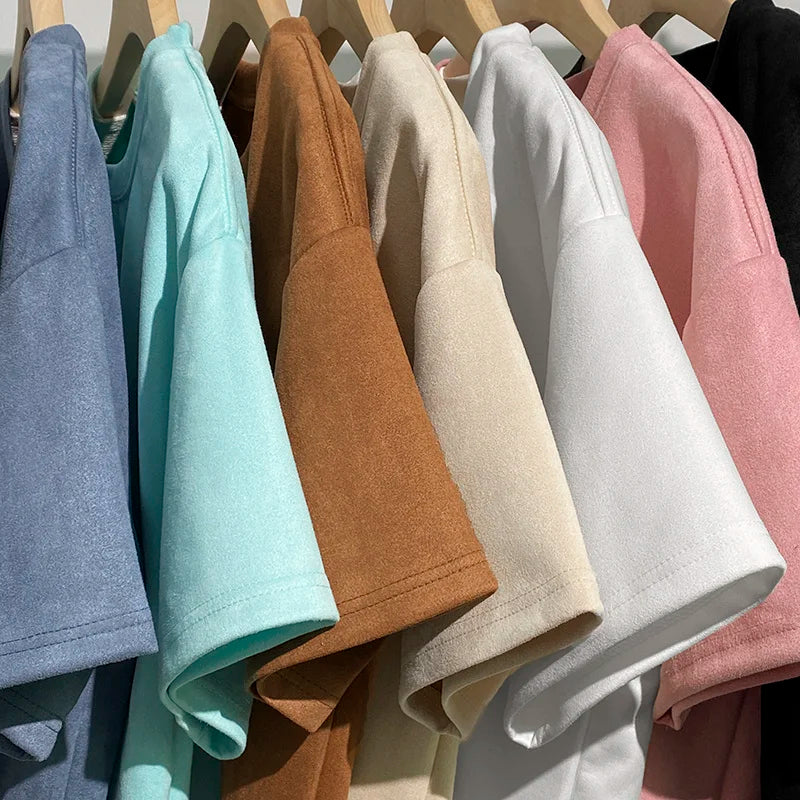 Riolio Summer Short Sleeve T-shirt Men Fashion Retro Suede T Shirt Men Streetwear Hip Hop Loose Round Neck Solid Color Tshirt Mens Top