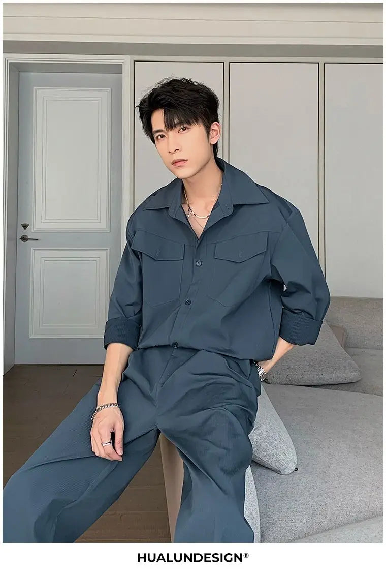 Riolio Men's Shirt Pants Set High-end Shirt Suit Trendy Spring Handsome Long-sleeved Top Loose Straight Trousers Two-piece Set
