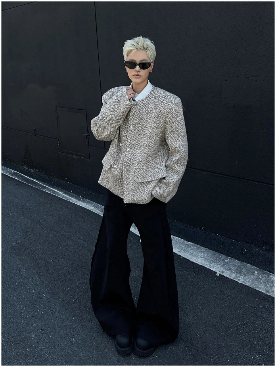 Riolio Male Elegant O-neck Blazer Coat High-end Shoulder Pad Collarless Jacket American Autumn Button Short Suit Jacket Handsome Top