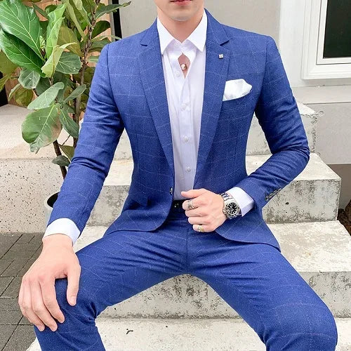 Riolio 2 Pieces Suits Set Men Style Design Fashion Male Slim Fit Plaid Wedding Dress Blazers Jacket Pants Trousers Coat