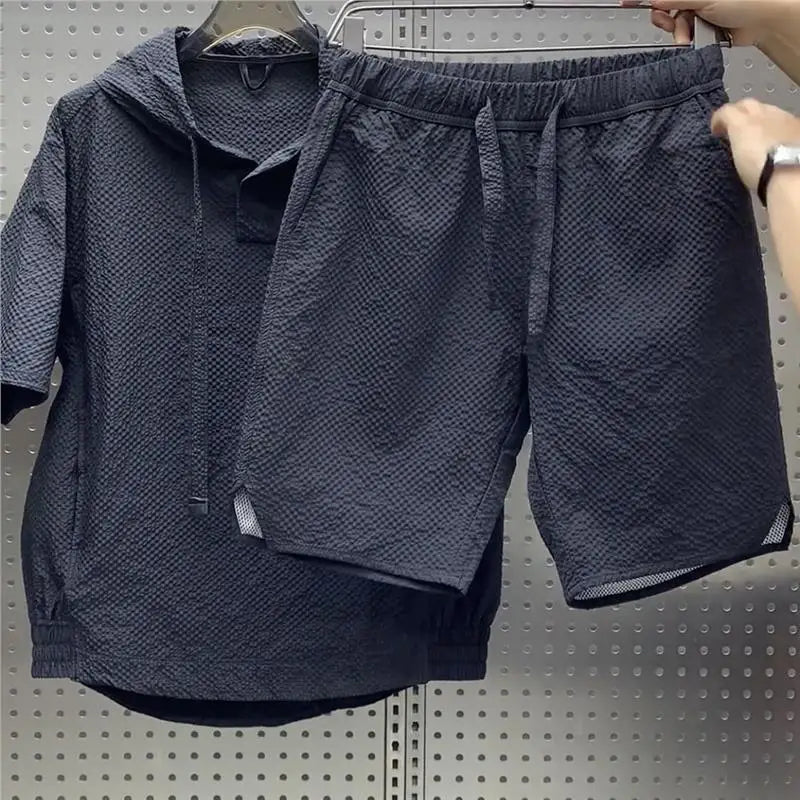 Riolio Men's Summer Loose Casual Two-Piece Set ort Sve ort Pants Breathable Lightweight Comfortable Sun Protection Hat Included