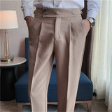 Riolio Spring Autumn Men High Waist Belt Design Casual Slim Formal Dress Pant Men Social Office Wedding Party Dress Suit Pants