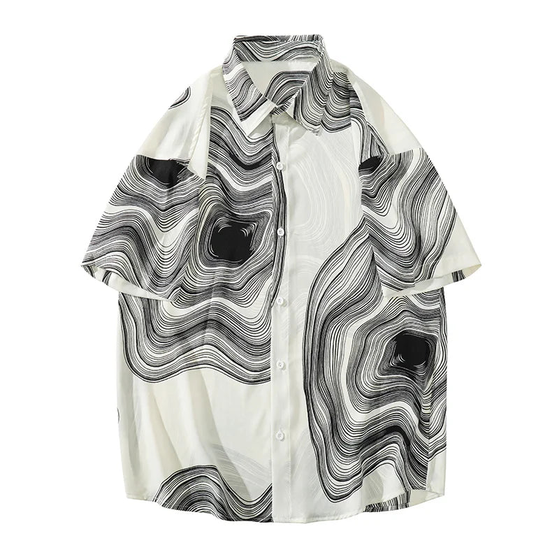 Riolio Summer Short Sleeve Shirt Men Fashion Retro Print Shirt Men Streetwear Loose Black White Ice Silk Shirt Mens Large Sizes M-5XL
