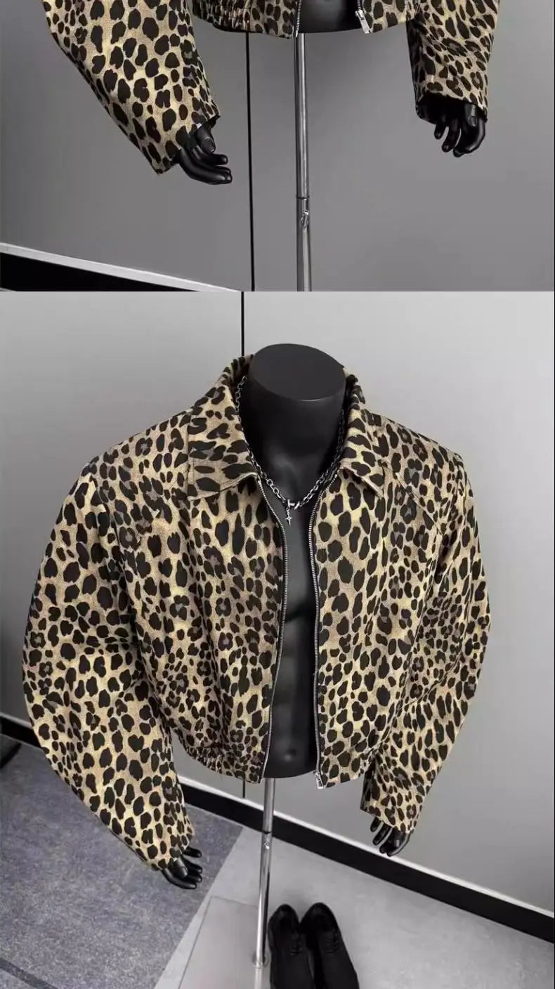 Riolio American Retro Leopard Print Jacket Men's Korean Style Style High-end Handsome Short Jacket Trendy High Street Style Denim Top