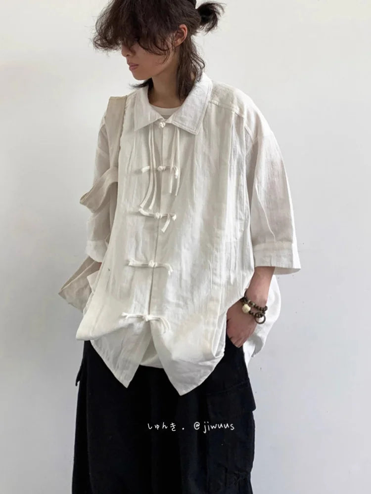 Riolio New Summer New Chinese Style Retro Tang Suit Solid Color Short-sleeved Shirt Men Women Casual Loose Buttoned Chinese Style Shirt