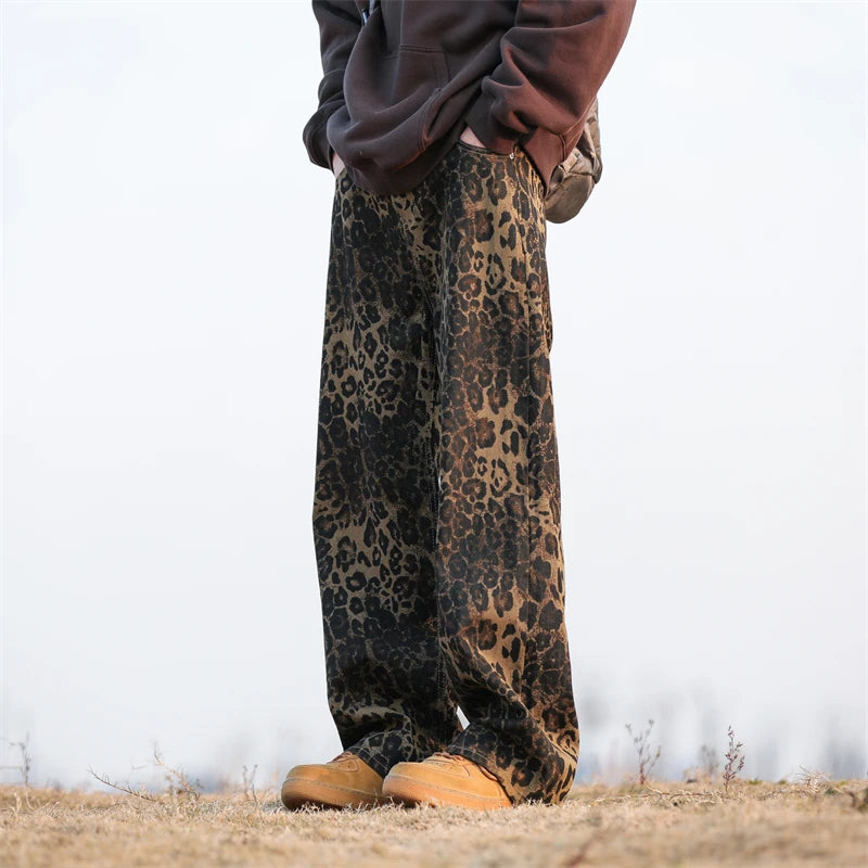 Riolio Leopard Print Jeans Men Fashion Retro Wide Leg Jeans Men Streetwear Hip-hop Loose Straight Jeans Mens Vintage Denim Trousers
