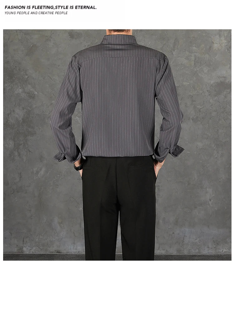 Riolio  New Naples Business Men Shirts Light Luxury Textured Lapel Striped Long Sleeve Cardigan Leisure Premium Commuter Blouse S-4XL