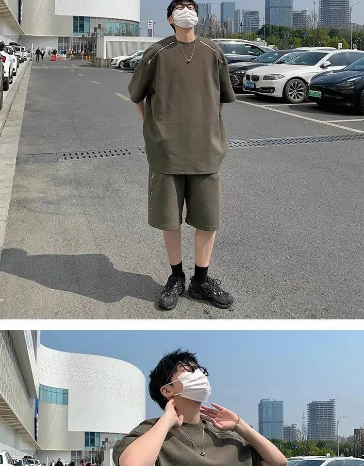 Riolio American Heavy Double Zipper Sports Suit Men's Summer Trendy Design Handsome Short-sleeved Shorts Casual Two-piece Set Urban