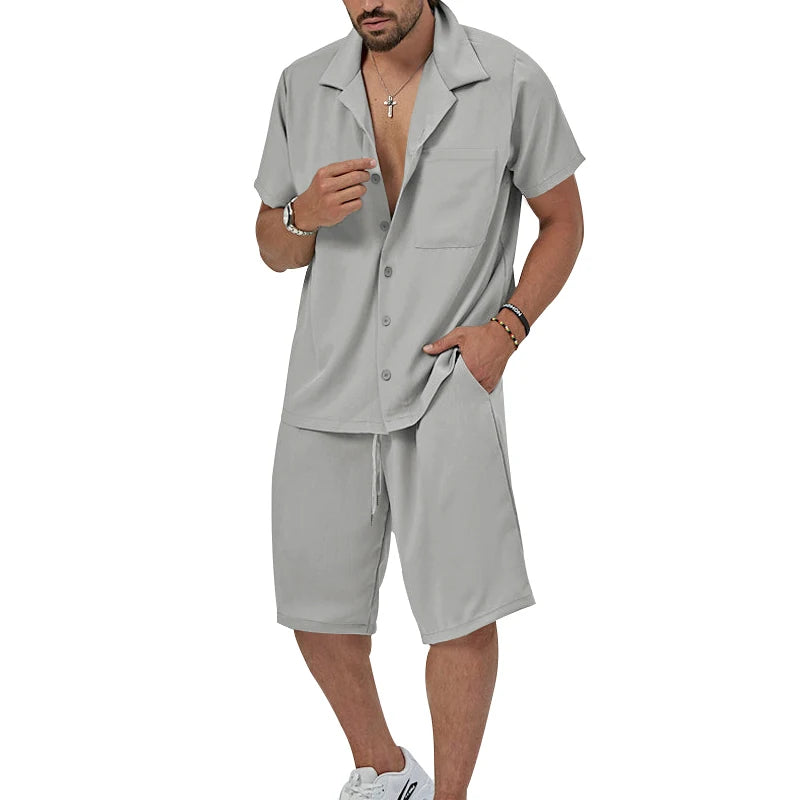 Riolio Summer Casual Men's Set Lightweight And Comfortable Men's Clothing Pocket Lapel Short-sleeved Shirt And Shorts Two-piece Suit
