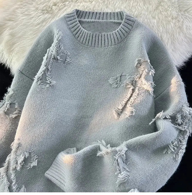 Riolio Y2k Streetwear Sweater Men New Retro Hole Fringed Sweater Loose Versatile Knitwear Pullovers Long Sleeve Jumpers Clothing