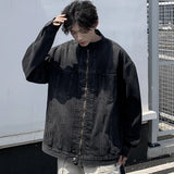 Riolio New High Street Men's Zip-up Denim Jackets Casual Washed Streetwear Stand Collar Texture Korean Harajuku Retro Long Sleeve Coats