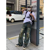 Riolio Y2K Summer American Men and Women High Street Retro Destruction Straight leg Jeans Couple Hip Hop Washed Loose Casual Pants