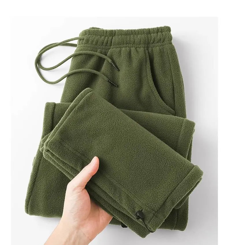 Riolio Double-sided Fleece! Retro Military Green Straight-leg Pants Women Loose Thickened Warm Drawstring Casual Wide-leg Pants Men