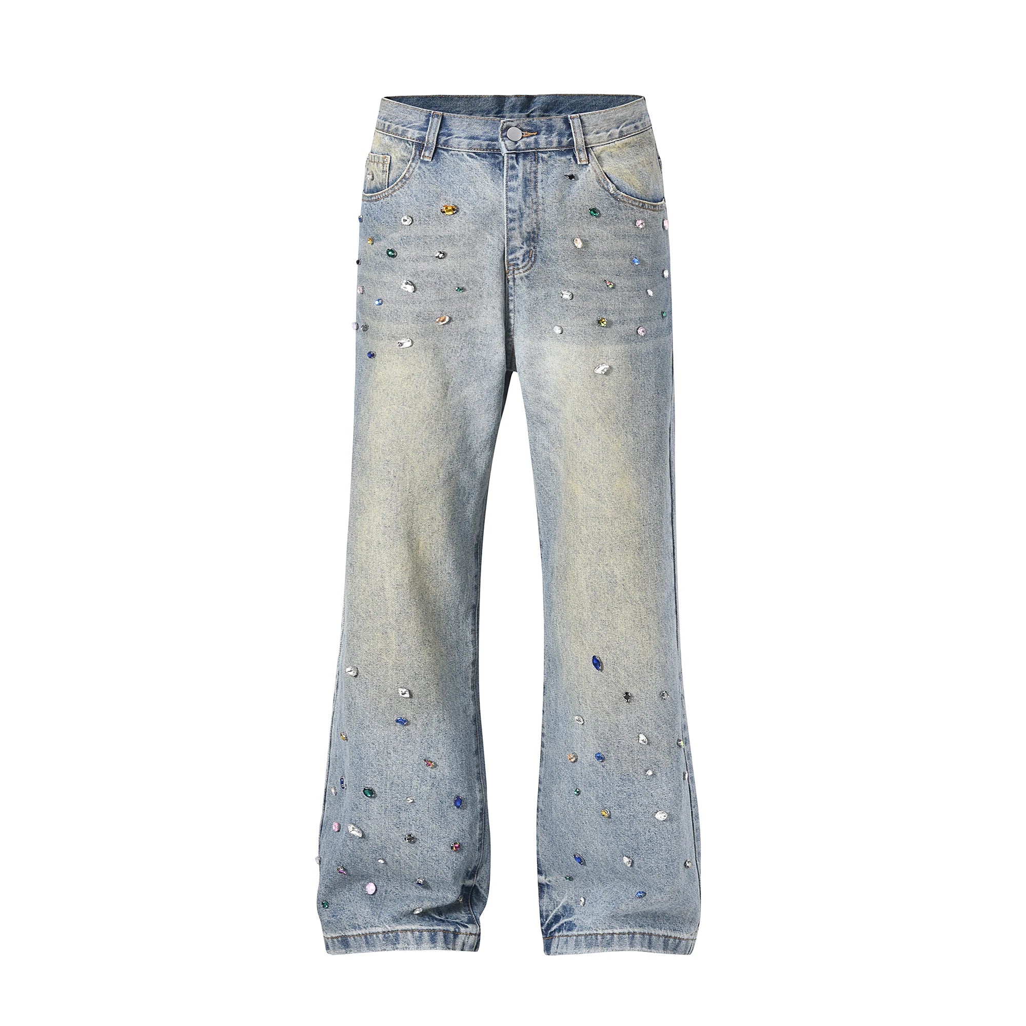 Riolio Full Rhinestone Print Washed Blue Baggy Jeans Mens and Women Ropa Hombre Streetwear Solid Casual Denim Trousers Loose Cargos
