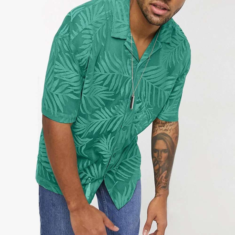 Riolio Men Y2k Leaf Print Hollow Casual Shirt Breathable Thin Streetwear Beach Vacation Harajuku Personality Versatile Tops Summer