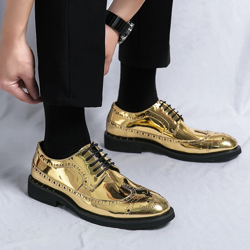 Riolio Casual Leather Shoes Men superstar Brogues formal leather shoes oxford gold shoes lace-up hombres silver large size 46