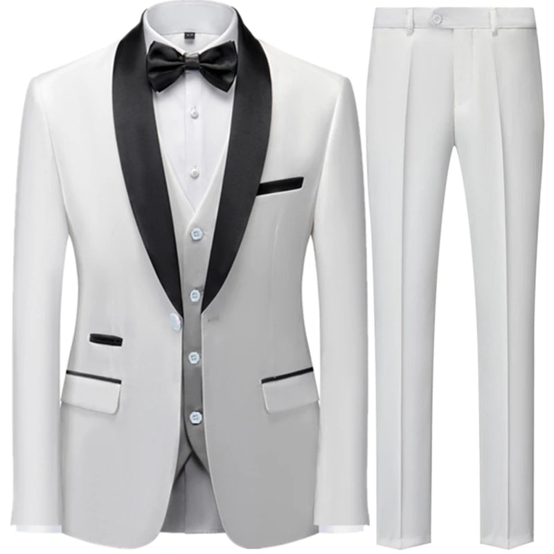 Riolio 3 Pieces Set Men's Business Blazers Coat / Male Slim Fit Color Matching Collar Suit Tuxedo Leisure Jacket Pants Vest Wedding