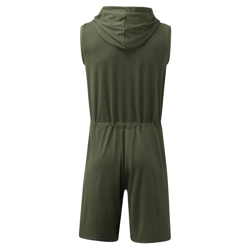 Riolio Men Short Jumpsuit Tight Sleeveless Bodysuit Zipper Hooded Rompers Short Pants Casual Home Wear Tracksuit Pajamas