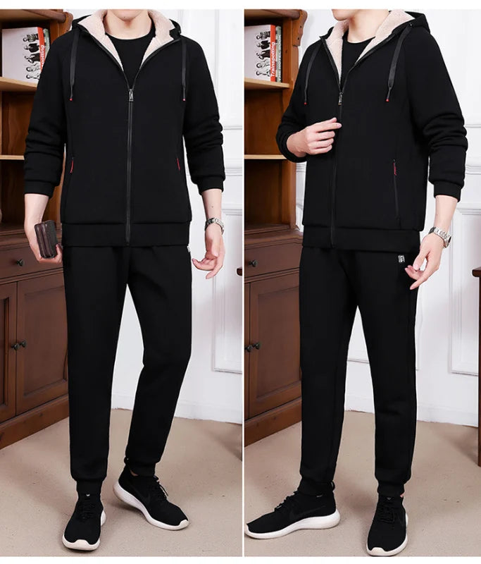 Riolio Men's Set Winter Pure Cotton Middle-aged and Elderly Sports Plus Velvet Set Winter Dad Set Two-piece Cardigan Lamb Wool Set