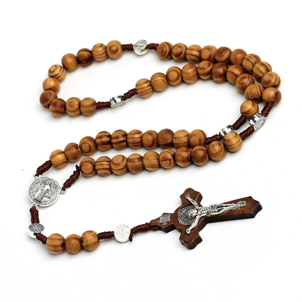 Riolio 10MM Wood Beads Rosary Cross Necklace For Women Men Christian Virgin Mary INRI Pendant Chain Fashion Religion Jewelry