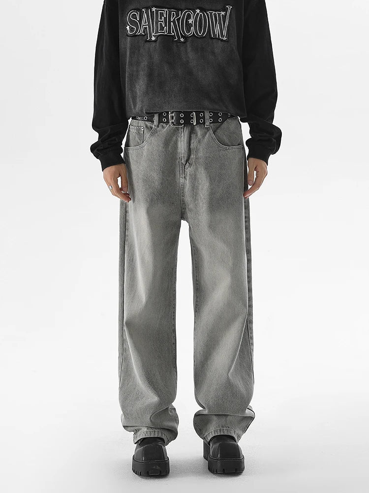 Riolio Autumn New Men's Fashion Baggy Jeans Gray Vintage High Street Wide Legs Denim Trousers Male Casual Straight Pants Streetwear