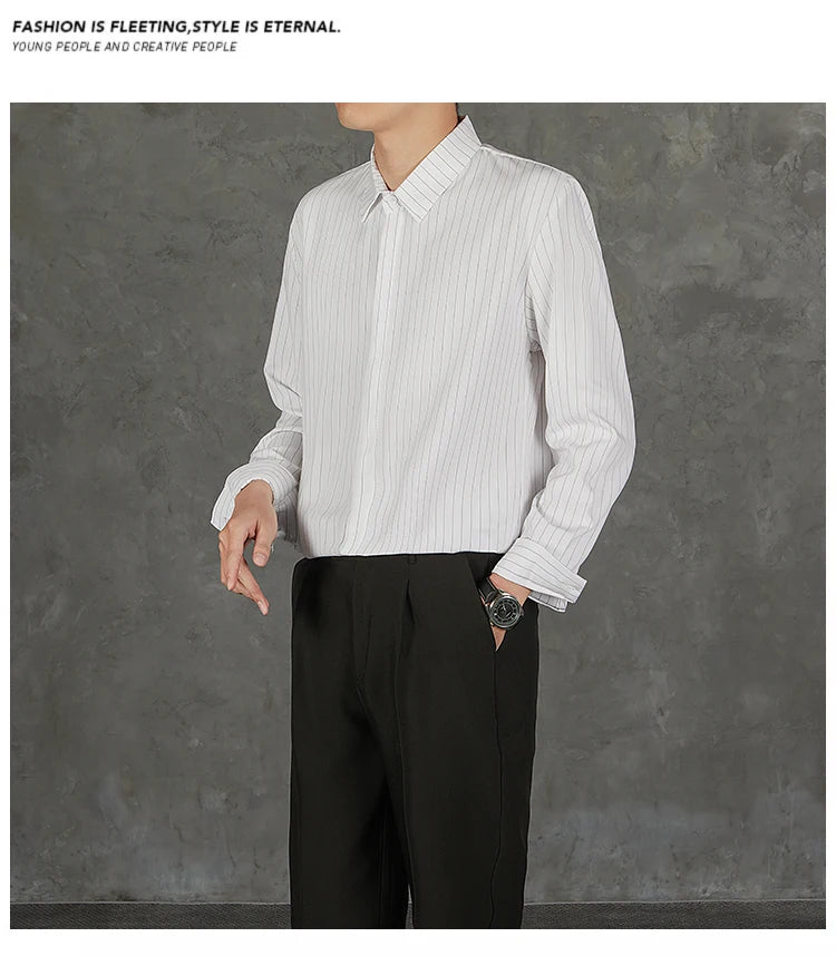 Riolio  New Naples Business Men Shirts Light Luxury Textured Lapel Striped Long Sleeve Cardigan Leisure Premium Commuter Blouse S-4XL