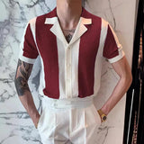 Riolio Knitwear Mens Slim Knit Shirts Vintage Striped Contrast Color Knitted Cardigan Men Tops Summer Short Sleeve Button Lapel Shirt