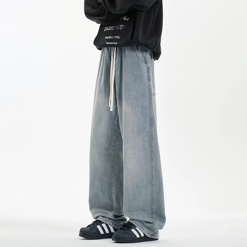 Riolio New Men's Jeans Washed Jeans Pants Unisex Drawstring Denim Pants Male Streetwear Korean Straight cylinder loose Cowboy Trousers