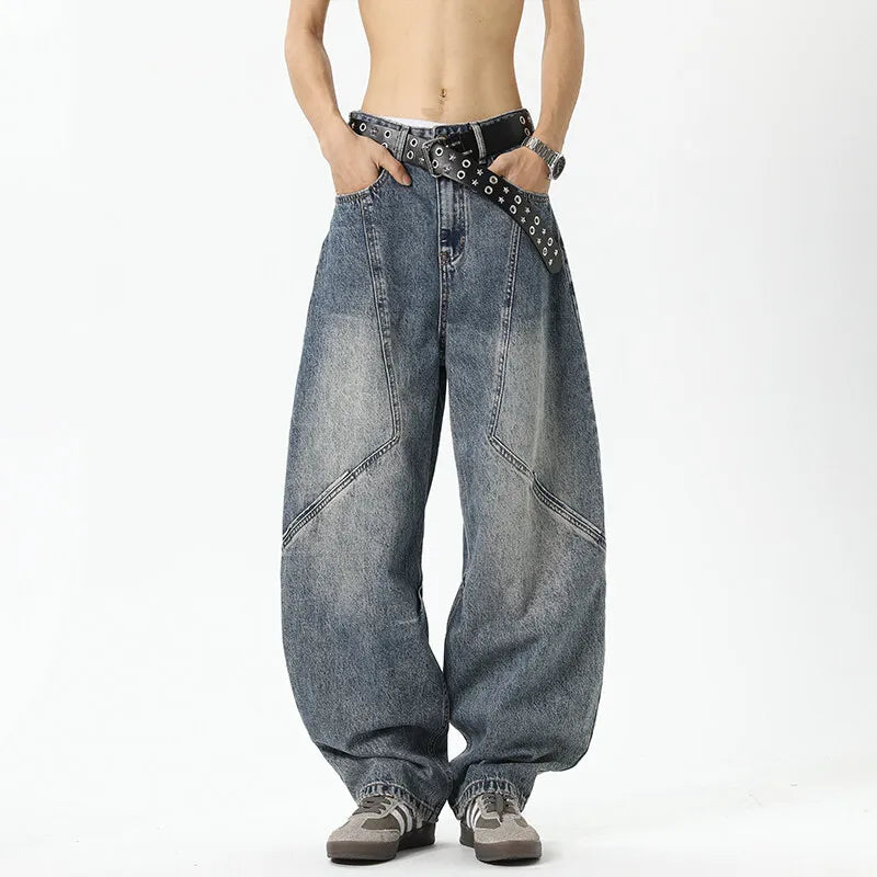 Riolio Mens Relaxed Fit Wide Leg Jeans Patchwork Design Floor Length Baggy Streetwear Casual Denim Pants 2025 Trendy Loose Trousers