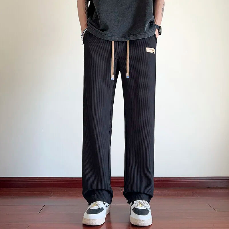 Riolio Summer Casual Pants Men Fashion Straight Ice Silk Pants Men Streetwear Hip-hop Loose Pleated Pants Mens Beige Trousers M-3XL
