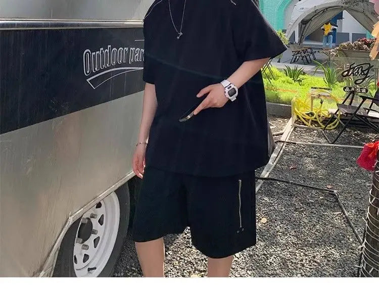 Riolio American Heavy Double Zipper Sports Suit Men's Summer Trendy Design Handsome Short-sleeved Shorts Casual Two-piece Set Urban